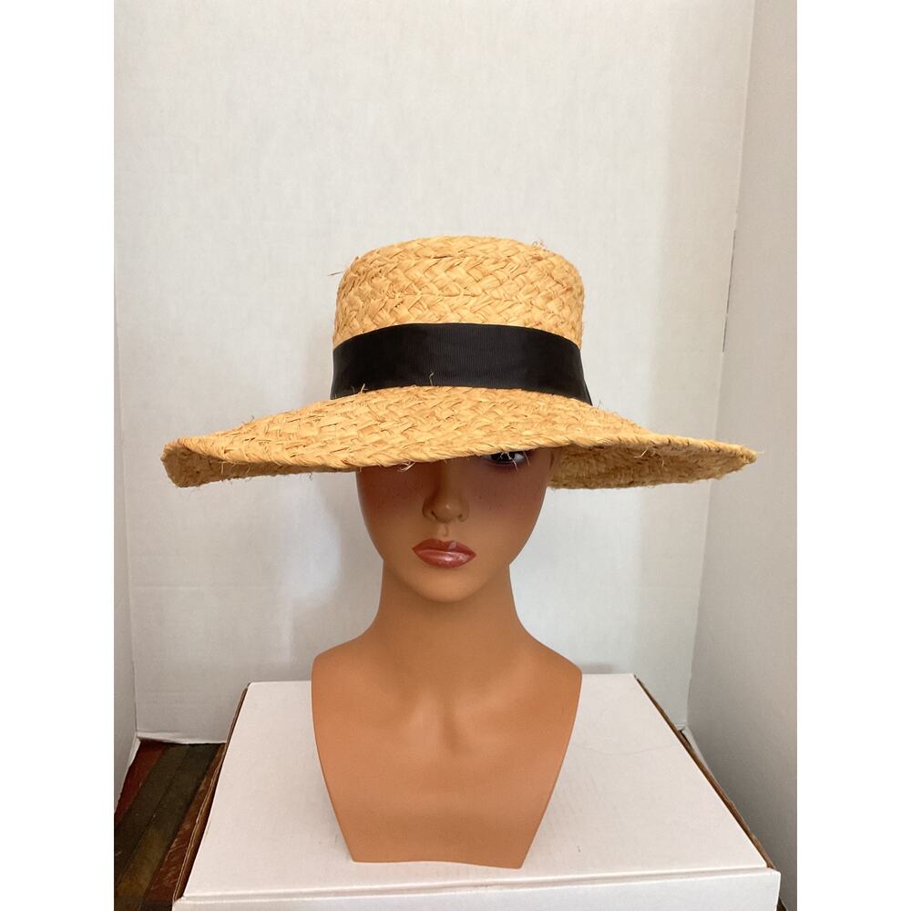 Unbranded - Soft Woven Straw Boater/Wide Brim Sun Hat - Natural w/Black Ribbon